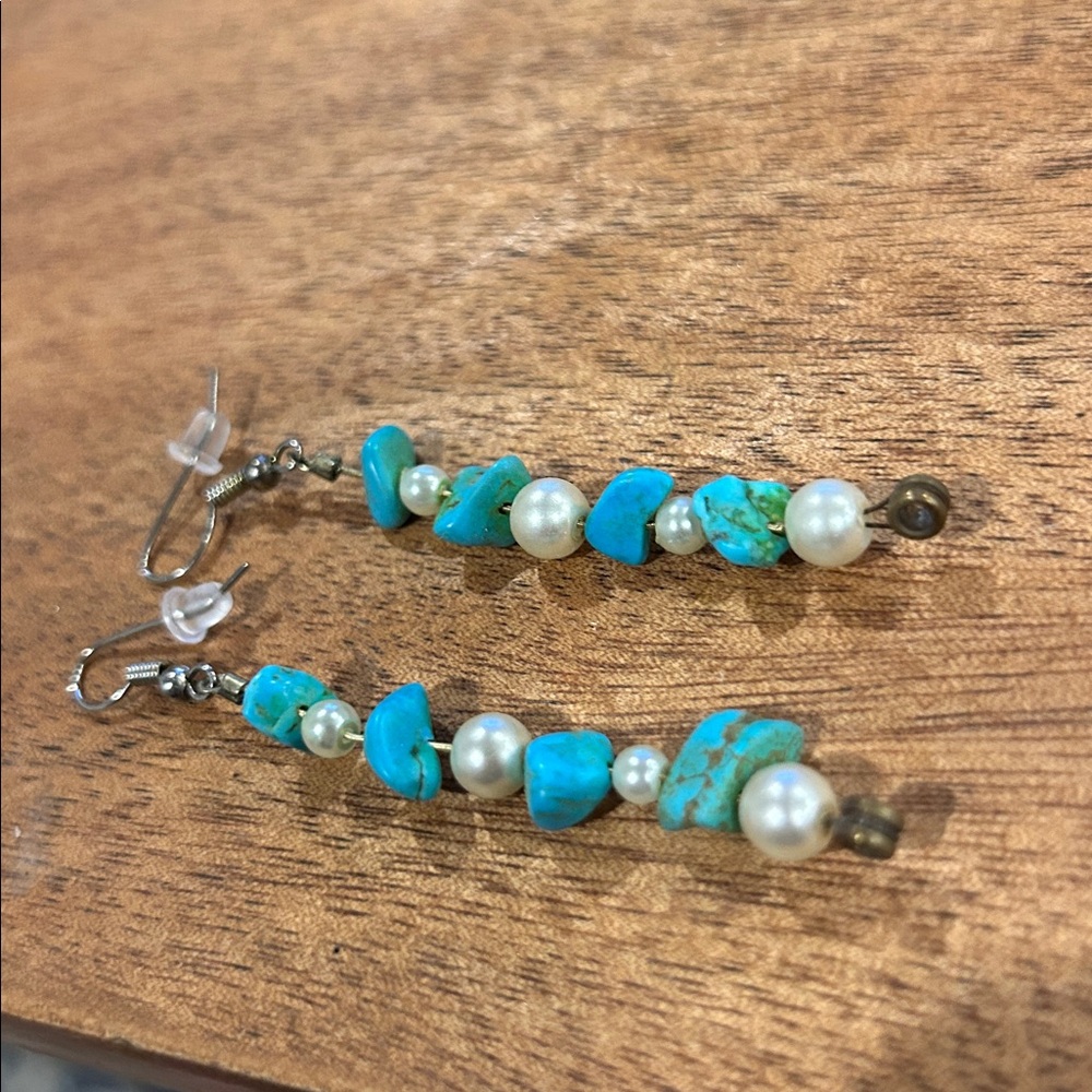 Turquoise and Pearl Dangle Drop Hook Earrings Minimalist Tribal Western Boho